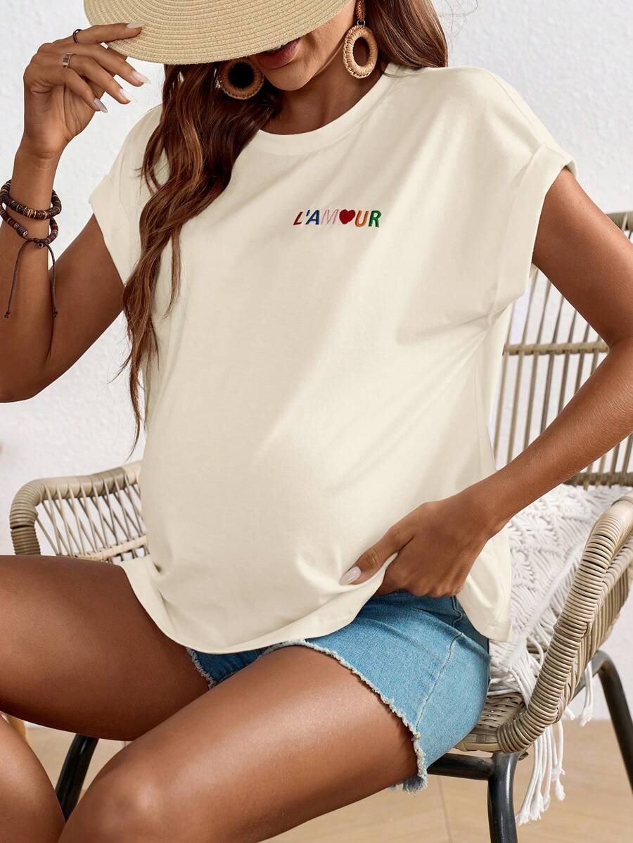 SHEIN 休闲度假字母刺绣蝙蝠袖孕妇 T 恤 - 杏色 - 查看 1