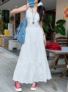 DAZY Women's Vacation Casual Solid Color Hollow Embroidery Sleeveless Dress Summer