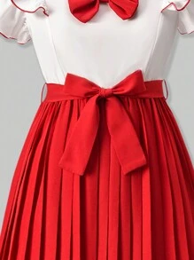 SHEIN Teen Girls Red & White Patchwork Pleated A-Line Dress, Flowy & Soft, Loose & Comfortable, Suitable For Casual Vacation, & Elegant, Wedding Guest - Red and White - View 7