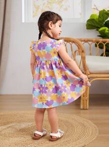 Cozy Pixies Toddler Girls' Colorful Floral & Heart Pattern Decorated Contrast Color Bow Round Neck Cap Sleeve Cute Dress, Suitable For Summer - Multicolor - View 2