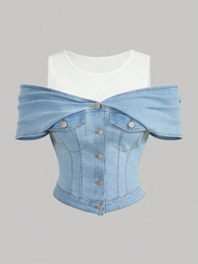 SHEIN MOD 大码弹力牛仔布混合拼接休闲修身上衣