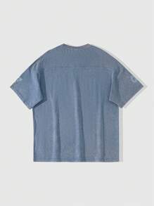 ROMWE MEN Street Life Men's Gothic Snow Washed Cotton Patchwork T-Shirt, Spring/Summer, Halloween - Dusty Blue - View 2