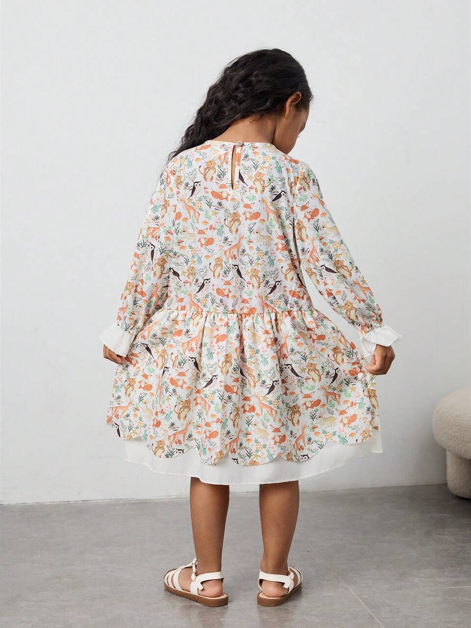 Young Girl White Fairy Cute Animal & Ditsy Floral A-Line Dress,Autumn Baby Shower Family Matching Lantern Sleeve Flounced Hem Round Neck Casual Outfit