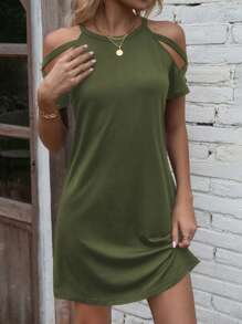 SHEIN LUNE Summer Solid Color Open Shoulder Casual Dress For New Year Clothes - Army Green - View 6