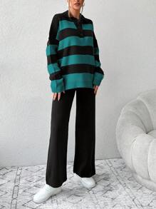 RueChic Women's Striped Button Half Placket Drop Shoulder Sweater And Solid Knit Wide Leg Pants 2pcs Set - Dark Green - View 5