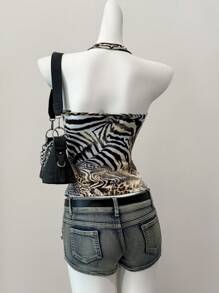 SHEIN EZwear Lễ hội âm nhạc đồ họa phương Tây dành cho nữ mùa hè Áo crop top hở lưng họa tiết da báo - Nhiều màu - Xem 2