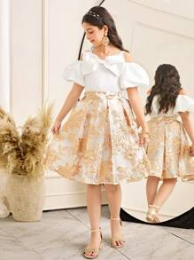 SHEIN Tween Girl Elegant Fitted Cute Puff Sleeve Off Shoulder Camisole + Pleated Floral Printed Skirt 2pcs Sets - White - View 4