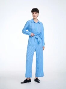 SHEIN Clasi Damen 2024 Neuer Modischer gestreifter Jumpsuit (zufällig Muster) - Blau - Übersicht 1