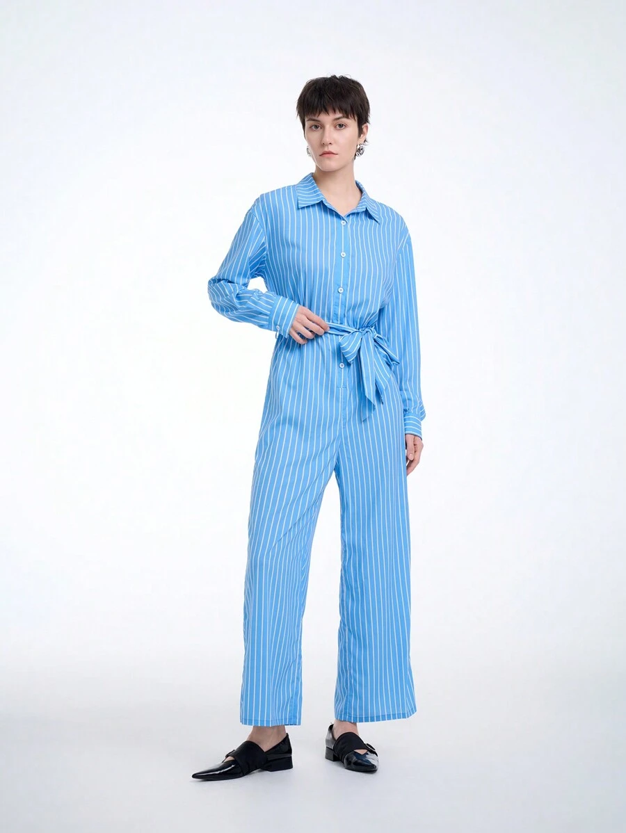 SHEIN Clasi Damen 2024 Neuer Modischer gestreifter Jumpsuit (zufällig Muster) - Blau - Übersicht 1