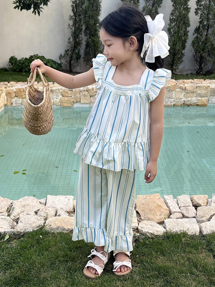 2pcs/Set Young Girl Striped Casual Shirt And Long Pants Set