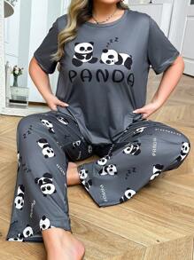 2 Pcs Cute Panda Print Plus Size Pajama Set - Multicolor - View 3