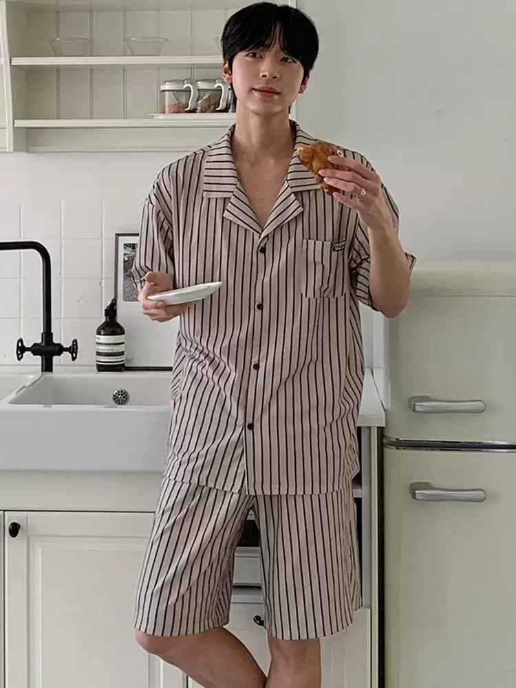 Men's Striped Fabric Shirt & Shorts Set, Summer Pajamas