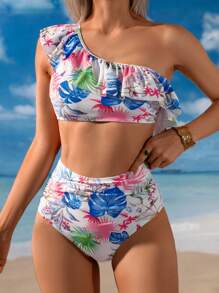 Conjunto de bikini con control de barriga y volantes asiméricos, traje de baño para vacaciones de verano en la playa