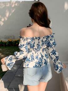 DAZY Blouse met off-shoulder bloemenprint en ruches voor dames