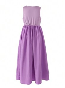 SHEIN Tween Girl Minimalist Round Neck Sleeveless High Waist Loose Solid Color Long Dress, Comfortable Simple Versatile Korean Style For Early Summer - Purple - View 2