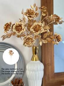 1pc/2pcs/3pcs 60cm Plastic Gold Plated Artificial Branched Rose Flower, Fake Flower