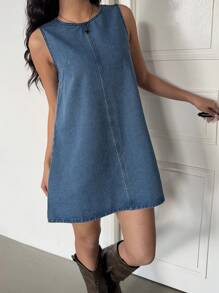 SHEIN ICON Vestido vaquero mini con corte holgado y sin mangas para mujer, azul, adecuado para verano / atuendos de verano / ropa de verano, primavera / atuendos de primavera para mujer, vacaciones, atuendos de vacaciones para mujer / vacaciones, primavera y verano mujeres románticas/baile de graduación/formal/cumpleaños/ropa de los 90/casual de negocios para mujer/elegante/vestir occidental/salir/moda/casual/ropa y2k/club/oficina/cóctel/vintage/ajustado/trajes de rave del festival/divertido/elegante/dinero viejo/ropa de calle/atuendos de vacaciones/atuendo de concierto de country/ropa de trabajo/modesto/vacaciones de primavera/atuendos de despedida de soltera/concierto/chica mala/básico/graduación/sin mangas/vestido de corte A/azul/vaquero