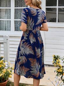 SHEIN LUNE Women Plant Print V-Neck Short Sleeve Mid-Calf Casual Dress - Multicolor - View 3