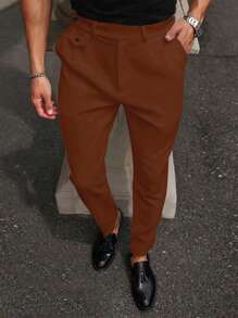 Manfinity Mode Pantalones de traje casuales de pierna recta y bolsillo con botón de unicolor para hombre - Marrón - Ver 5