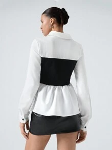SHEIN EZwear 女式黑白梭织荷叶边下摆衬衫、长袖上衣 - 黑與白 - 查看 2