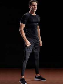 Manfinity Sport Corelite Men Plain Color Short Sleeve T-Shirt & Tank Top Activewear, Simple Fashion Casual Everyday Wear 2-Piece Set