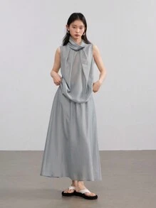 Dazy-Less 2pcs Women Pleated Linen Collar Set Old Money Style - Grey - View 4