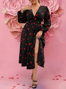 Flirla Plus Size Romantic V-Neck Heart Design Waisted Long Dress For Valentine's Day