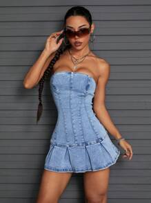 SHEIN ICON Vestido Denim Casual Feminino, Minimalista e da Moda, para Uso Diário - Azul - Visão 3