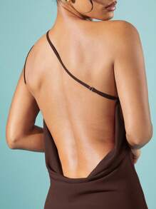 Hauture Solid Chiffon One Shoulder Draped Backless Mini Dress - Coffee Brown - View 4
