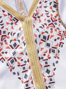 SHEIN Young Girl Ramadan Traditional Robe Loose Geometric Retro Print Patchwork Gold Ribbon V-Neck Long Sleeve Dress, Suitable For Party, Wedding, Banquet, Vacation, Summer - Blue - View 6