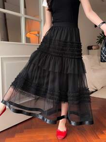 DAZY 女式荷叶边欧根纱长裙，适合夏季和情人节 - 黑色 - 查看 7