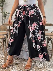 EMERY ROSE Plus Size Women Floral Print Patchwork Wide Leg Palazzo Pants - Black - View 4
