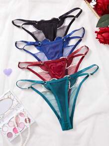 4 Peças/Conjunto Tanga Sexy Feminina com Bordado em Forma de Coração, Romântica