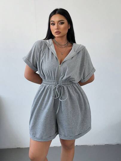 Flirla 大码春夏纯色休闲宽松学院风百搭假日法式时尚修身连帽拉链连体衣