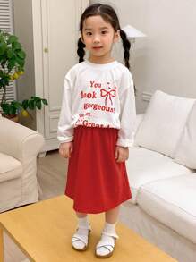 DAZY Set de 2 piezas de parte superior de manga larga con cuello redondo estampada y falda entallada para niña, para primavera/verano - Beis - Ver 6