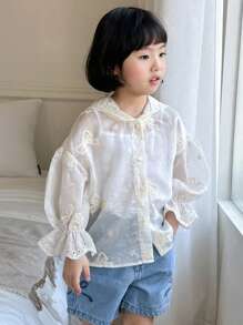 Dazy Kids Girls Embroidered Hooded Lightweight Cardigan, Spring/Summer - White - View 7