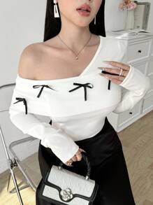 Modelyn Women's Asymmetrical Shoulder Long Sleeve Slim Fit T-Shirt Fall Cloth For Women - White - View 1