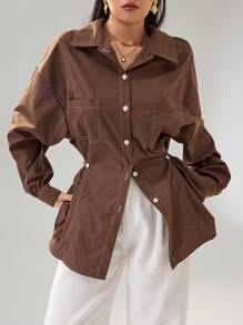 Heiryn 女士休闲收腰宽松衬衫 - 咖啡棕 - 查看 6