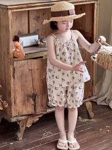 DAZY 2 件套年轻女孩休闲简约花卉吊带背心上衣和短裤，女孩夏季服装