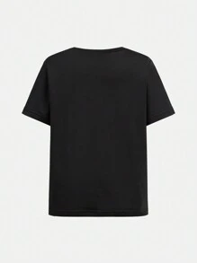 SHEIN Camiseta deportiva de manga corta, cuello redondo, elástica, cómoda, con estampado gráfico de baloncesto, para niños. Fabricada en tela de poliéster mezclado, lavable a máquina, transpirable y ligera para el uso diario y actividades al aire libre de niños en verano. - Negro - Ver 3