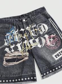 ROMWE MEN Street Life Spring/Summer Casual Graphic Men'S Street Letter Print Patch Pocket Loose Denim Shorts - Black - View 3