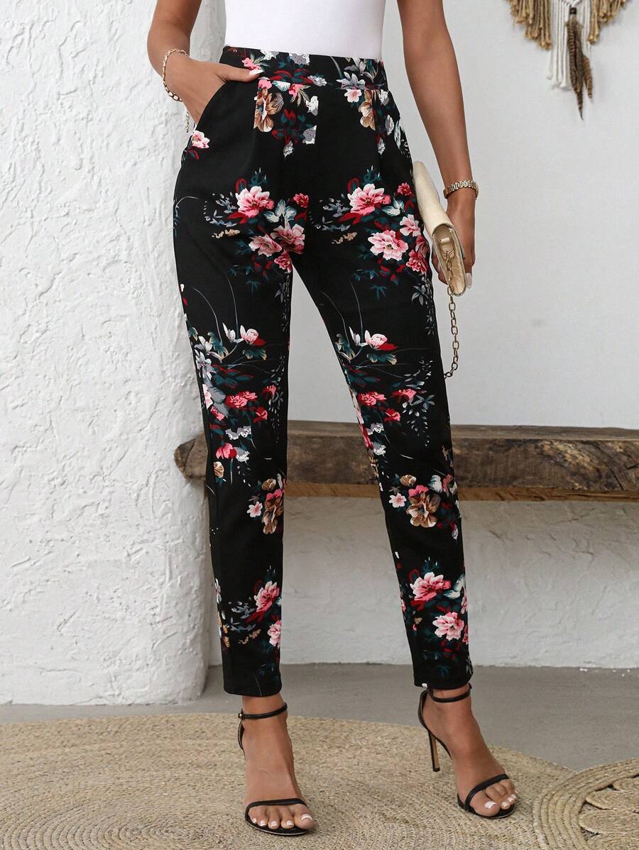 EMERY ROSE Women's Floral Print Side Pocket Casual Long Pants, Spring/Summer - Multicolor - View 1