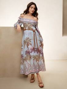 Anewsta Váy Boho dài hở vai họa tiết hoa đi biển, trang phục mùa xuân cho phụ nữ - Nhiều màu - Xem 1