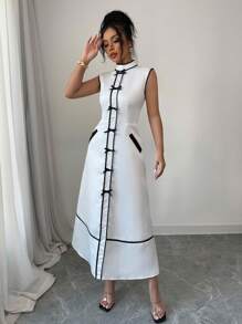 SHEIN Unity 女式优雅复古货币图案立领蝴蝶结拼布连衣裙 - 白色 - 查看 5