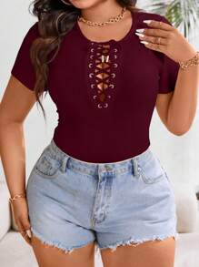 SHEIN Unity 大码休闲简约纯色交叉领带短袖 T 恤 - 酒紅色 - 查看 8