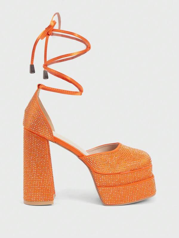 SHEIN X Lucía Bellido Sugerpunk Cuccoo Women Fashion High Platform Rhinestone Slip-On Orange Pumps