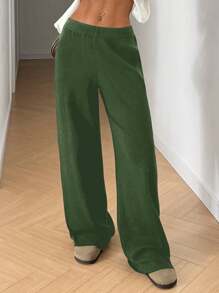 SHEIN EZwear Women Knit Pants, Casual Plain Solid Color, Minimalist Fashion For Everyday Wear - Army Green - View 3