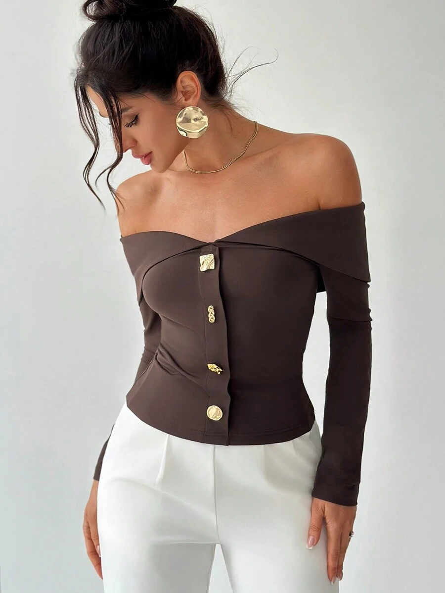 Firerie 女士优雅情人节露肩不对称金属纽扣上衣，不对称纽扣露肩长袖衬衫，适合商务聚会、时尚通勤、海滩度假、复古风格、乡村音乐会着装、办公室着装、通勤、返校季、日常穿着。