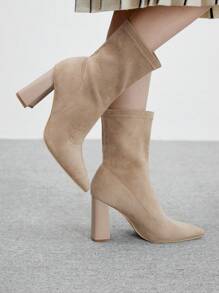 CUCCOO BIZCHIC Women Plus Size Chunky Heel Pointed Toe Suede Knit Ankle Boots, Apricot Color, Suitable For Commute, Date, Party And Gathering New Year Holiday - Apricot - View 1