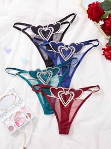 4 Peças/Conjunto Tanga Sexy Feminina com Bordado em Forma de Coração, Romântica